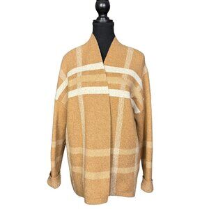 Banana Republic Open-Front Cardigan in Camel and Cream Plaid, Soft & Cozy